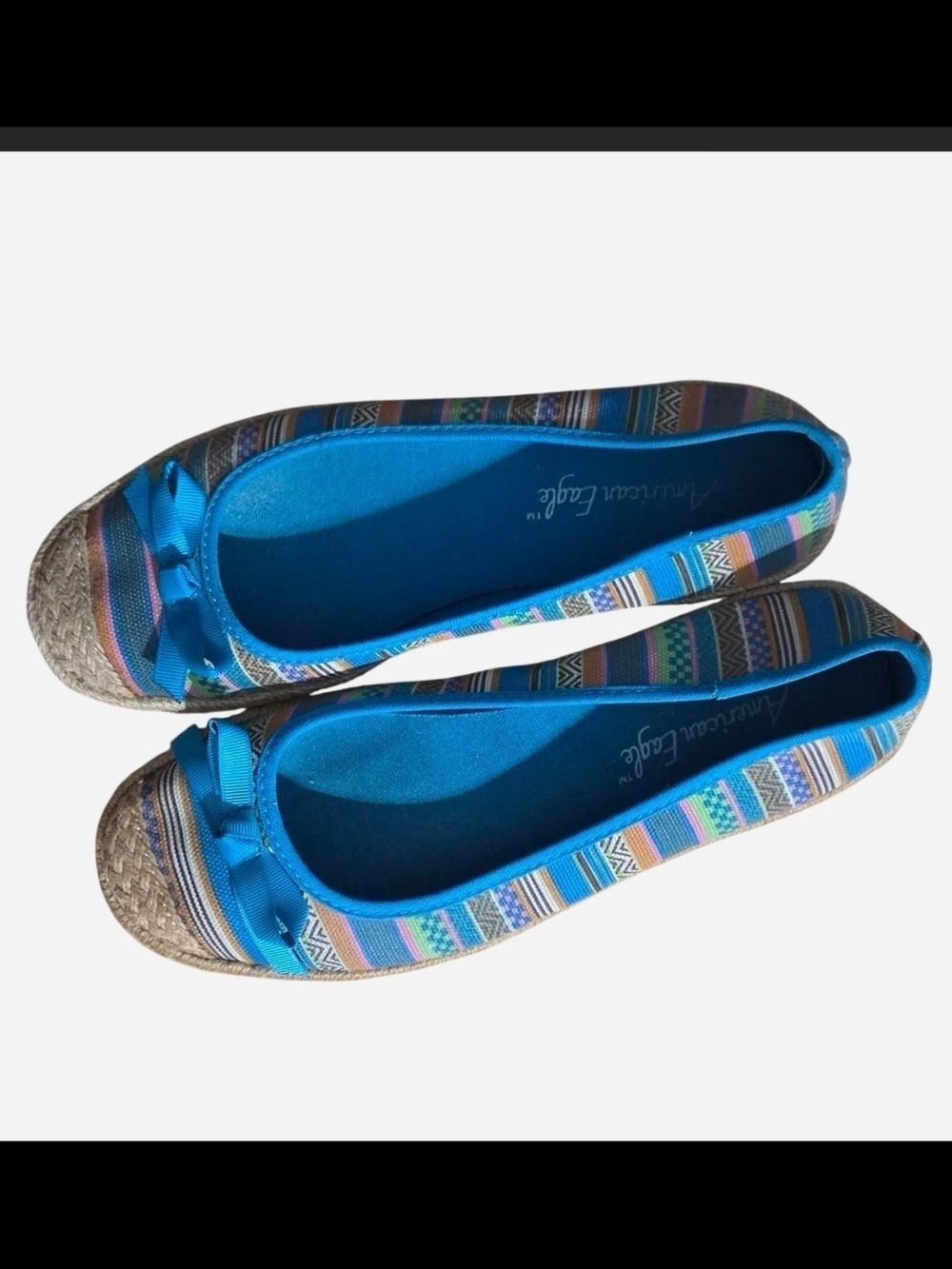 American Eagle Outfitters Turquoise Multi-Striped Ballet Flats with Bow